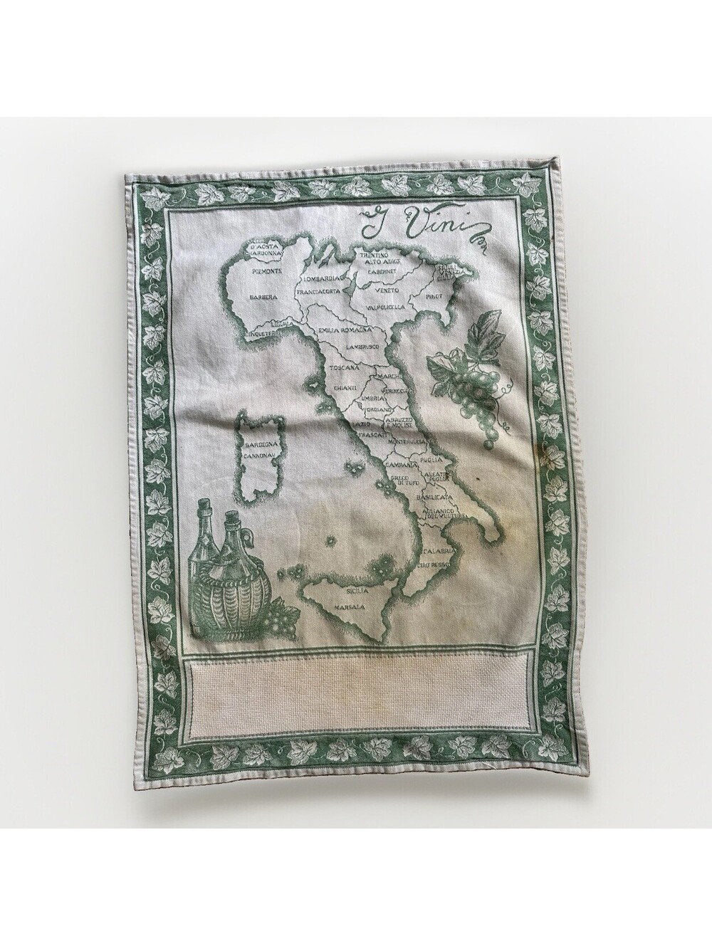 VTG Graziano Italy Wine Map Tea Towel Cotton Jacquard Green I Vini Italian READ!